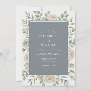 Invitation Mariage Botanique Élégant Bleu Ardoise