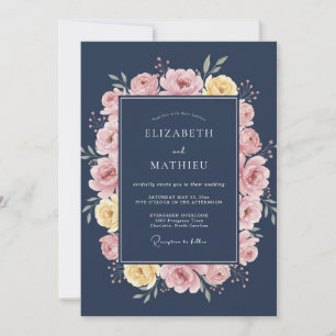 Invitation Mariage Botanique Élégant Bleu Nuit