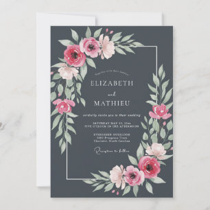 Invitation Mariage Botanique Élégant Gris Acier