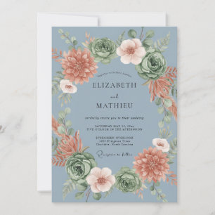 Invitation Mariage Botanique en Terre Cuite Bleu Acier