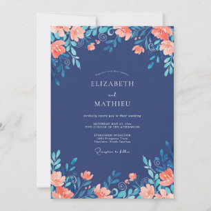 Invitation Mariage Botanique Enchanté Bleu Cobalt