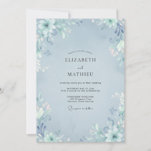 Invitation Mariage Botanique Éthéré Bleu Acier