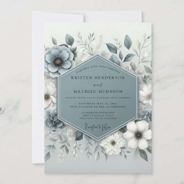 Invitation Mariage Botanique Éthéré Bleu Ardoise (Devant)