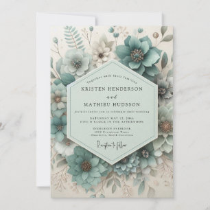 Invitation Mariage Botanique Éthéré Bleu-vert