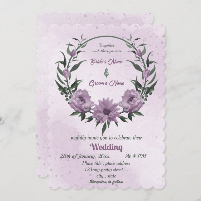 Invitation mariage botanique feuille fleurs violettes vert (Devant / Derrière)