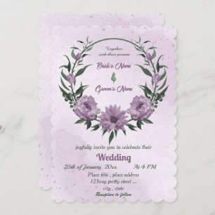 Invitation mariage botanique feuille fleurs violettes vert