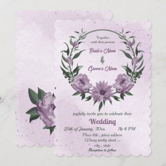 Invitation mariage botanique feuille fleurs violettes vert