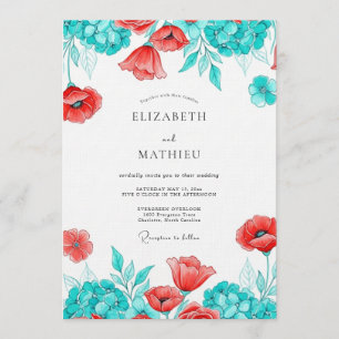 Invitation Mariage Botanique Fleur de Pavot Sarcelle