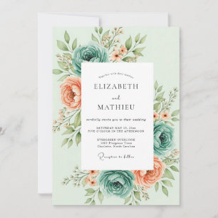 Invitation Mariage botanique fleuri vert menthe