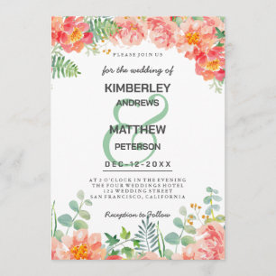 Invitation Mariage botanique floral aquarelle rose corail