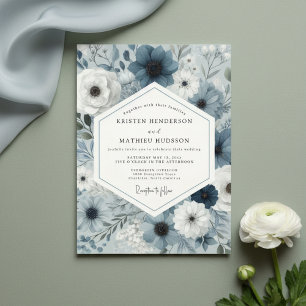 Invitation Mariage Botanique Floral Bleu Ardoise