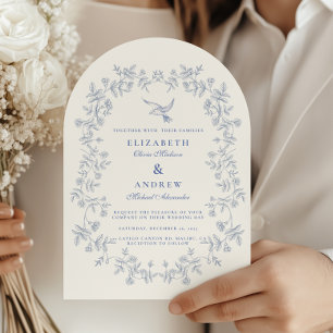 Invitation Mariage botanique floral bleu de style chinerie