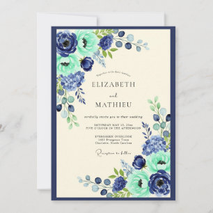 Invitation Mariage Botanique Floral Bleu Marine Menthe