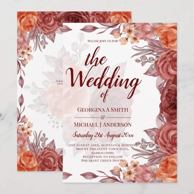 Invitation Mariage botanique floral de la chute d'orange brûl (Devant / Derrière)