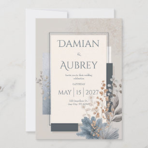 Invitation Mariage Botanique Géométrique en Terre Cuite Bleu 