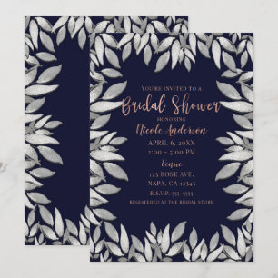 Invitation Mariage Botanique Glam Bleu Rose Silver Leaves