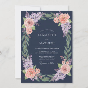 Invitation Mariage botanique hivernal bleu marine