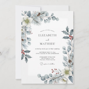 Invitation Mariage Botanique hivernal glacial bleu poussiéreu