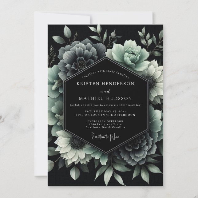 Invitation Mariage Botanique Jade Noir (Devant)