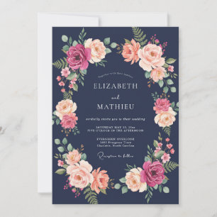 Invitation Mariage Botanique Luxuriant Magenta Navy