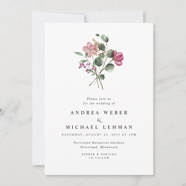 Invitation Mariage botanique Magenta Pressé Fleurs (Devant)