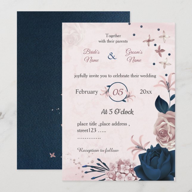 Invitation mariage botanique marine & fleurs roses (Devant / Derrière)