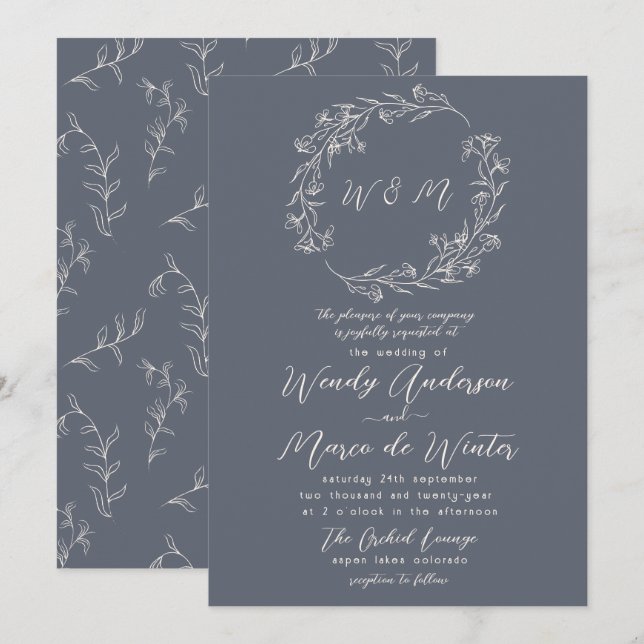 Invitation Mariage botanique minimal gris et crème (Devant / Derrière)