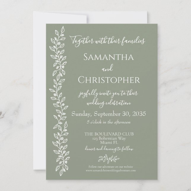 Invitation Mariage botanique minimal moderne Boho Sage vert (Devant)