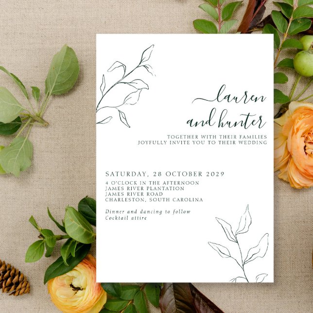 Invitation Mariage botanique moderne Emerald Green Script (Créateur téléchargé)