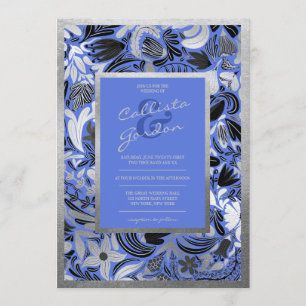Invitation Mariage botanique moderne Silver Blue Black Floral