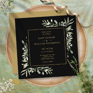 Invitation Mariage Botanique Noir Et Or Végétal