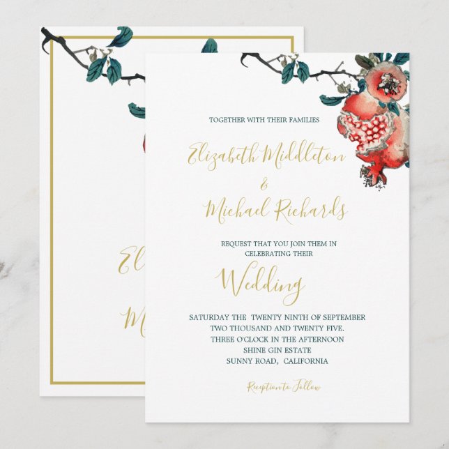 Invitation Mariage Botanique Or Élégante Grenade Moderne (Devant / Derrière)