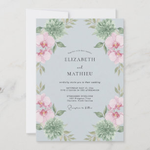 Invitation Mariage Botanique Orchidée Bleu Poussiéreux
