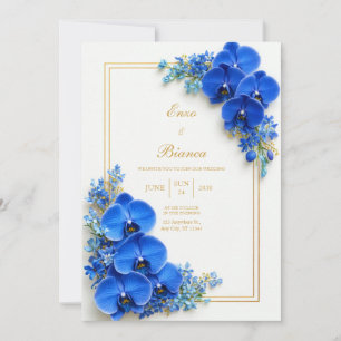 Invitation Mariage Botanique Orchidée Dorée Bleu Saphir