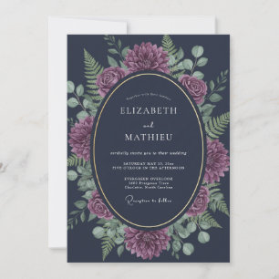 Invitation Mariage Botanique Orné Bleu Marine