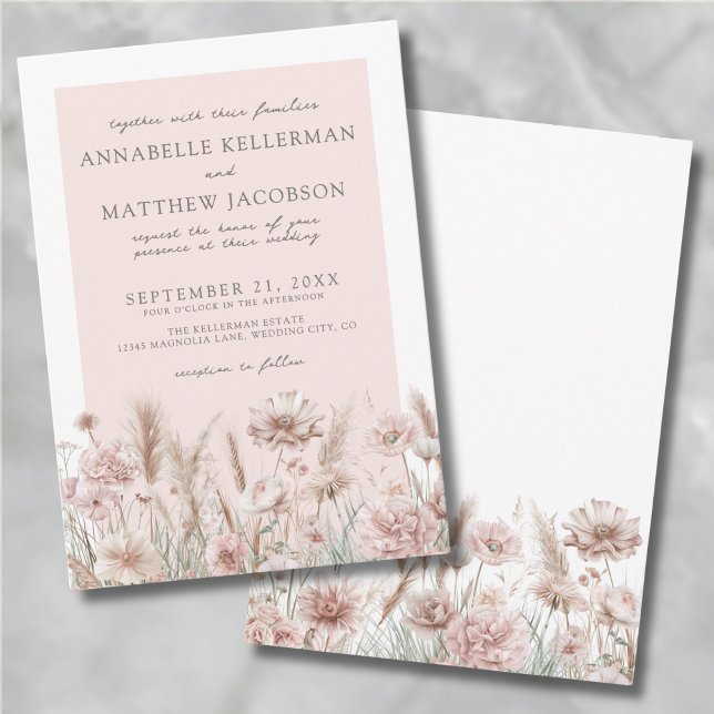 Invitation Mariage Botanique Pampas Floral Blush Pink Boho (Botanical Pampas Floral Blush Pink Boho Wedding Invitation)