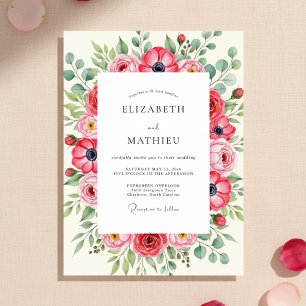 Invitation Mariage botanique printanier rose rouge