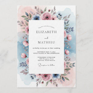 Invitation Mariage Botanique Rose Bleu Poussiéreux