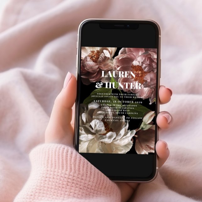 Invitation Mariage botanique rose foncé moderne en (Créateur téléchargé)