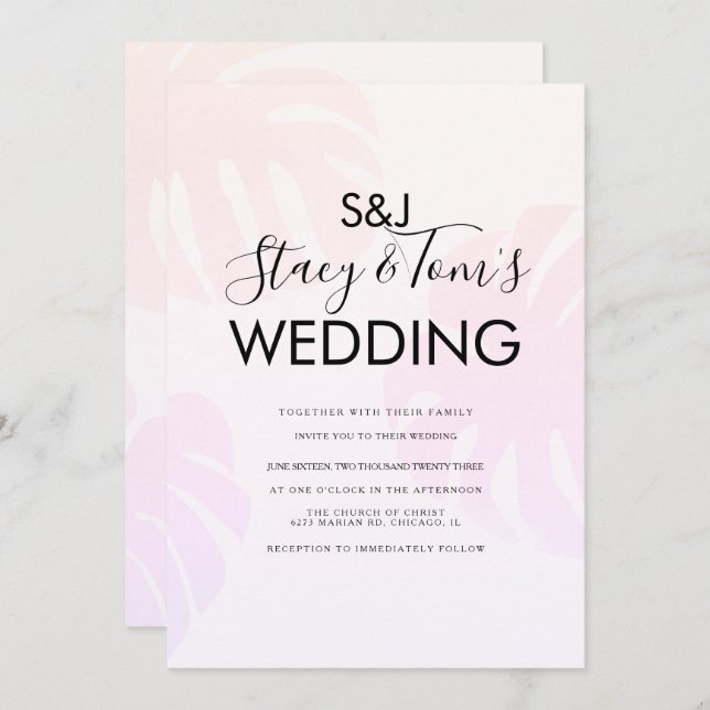 Invitation Mariage botanique rose Monstera (Devant / Derrière)