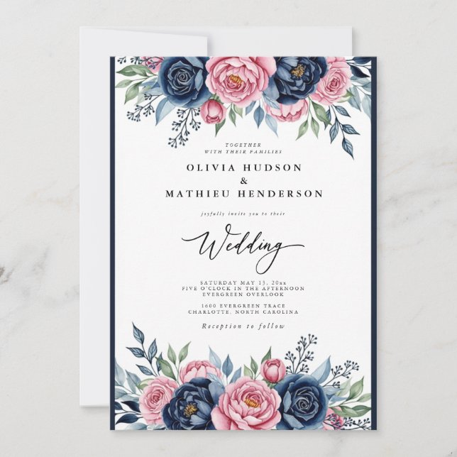 Invitation Mariage Botanique Rose Navy Bliss (Devant)