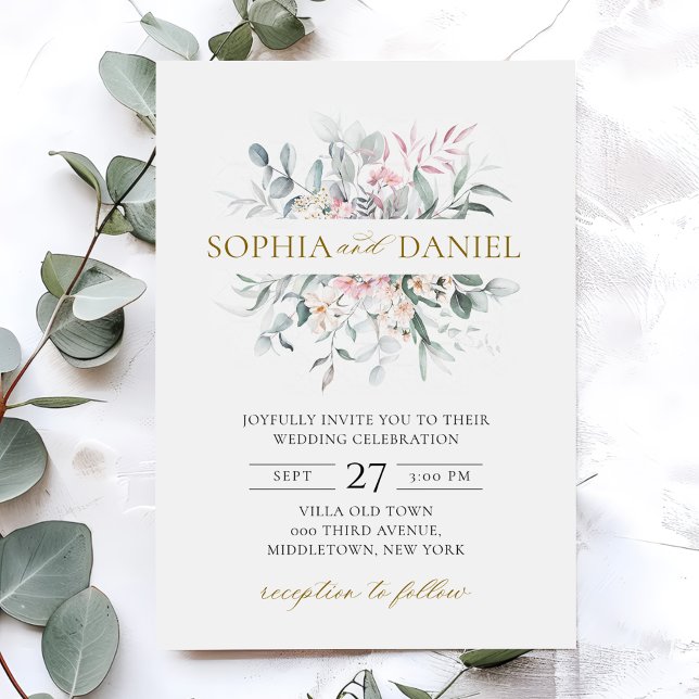 Invitation Mariage botanique rose pâle à fleurs Eucalyptus (Créateur téléchargé)