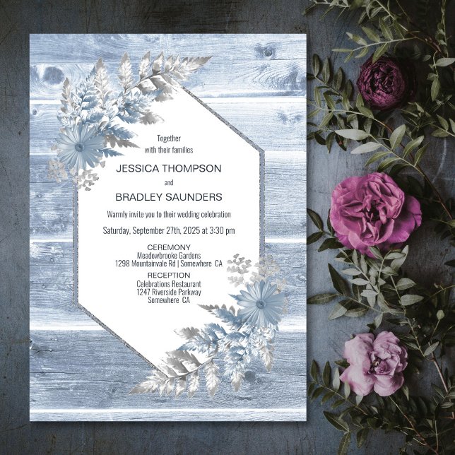 Invitation Mariage botanique rustique Dusty Blue Wood (Créateur téléchargé)