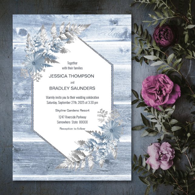 Invitation Mariage botanique rustique Dusty Blue Wood (Créateur téléchargé)