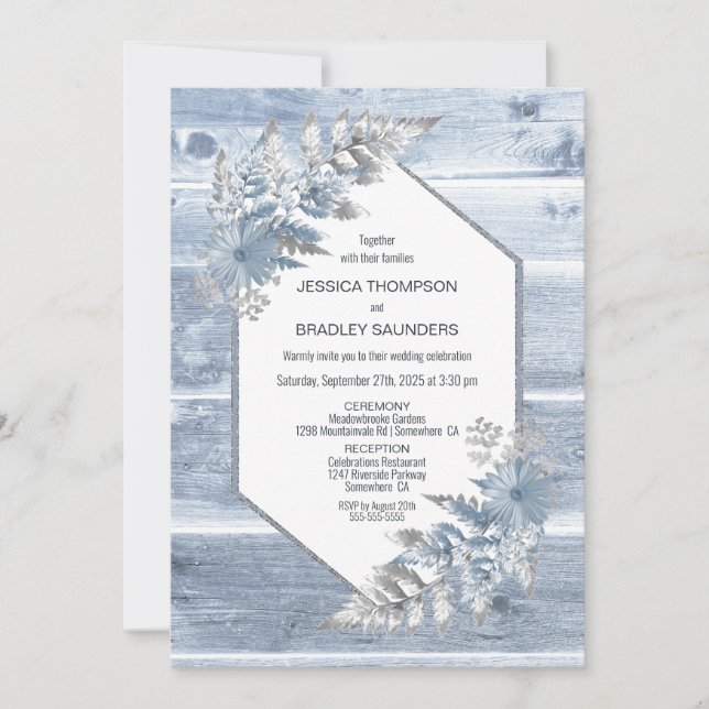 Invitation Mariage botanique rustique Dusty Blue Wood (Devant)