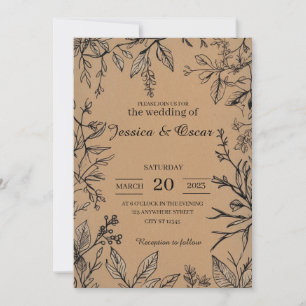 Invitation Mariage Botanique Rustique Papier Kraft Feuillage