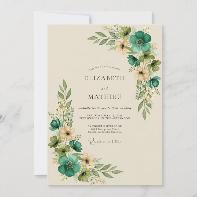 Invitation Mariage Botanique Splendide Sarcelle (Devant)