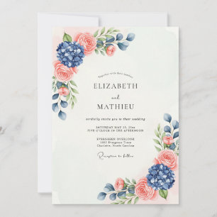 Invitation Mariage Botanique Sublime Bleu Nuit et Pêche