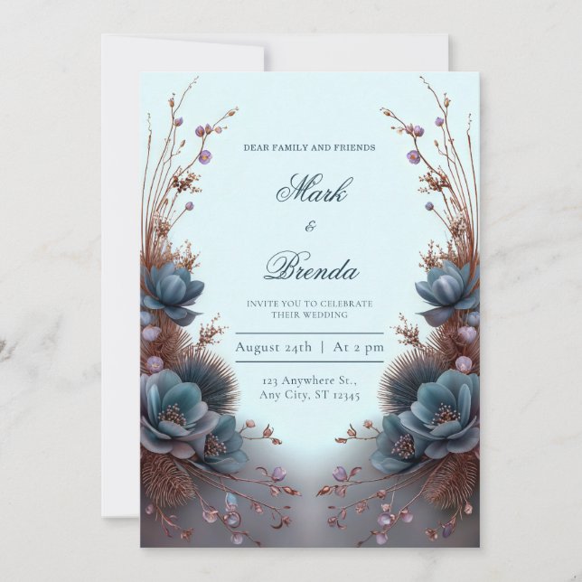 Invitation Mariage Botanique Symétrique Moderne Bleu Canard (Devant)