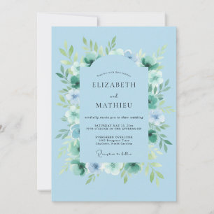 Invitation Mariage Botanique Tranquille Bleu Cyan